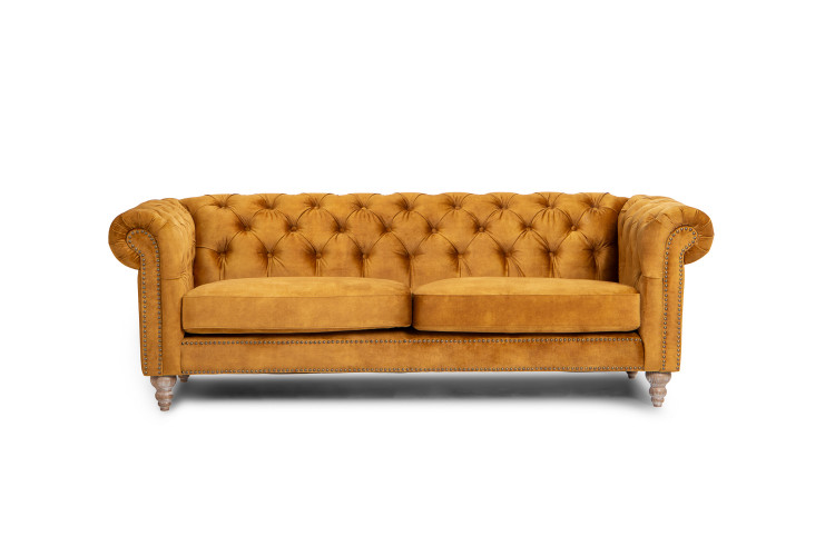 Lannfield Chesterfield Sofa - Textured Velvet Fabric - Mustard Fabric Sofas - 1