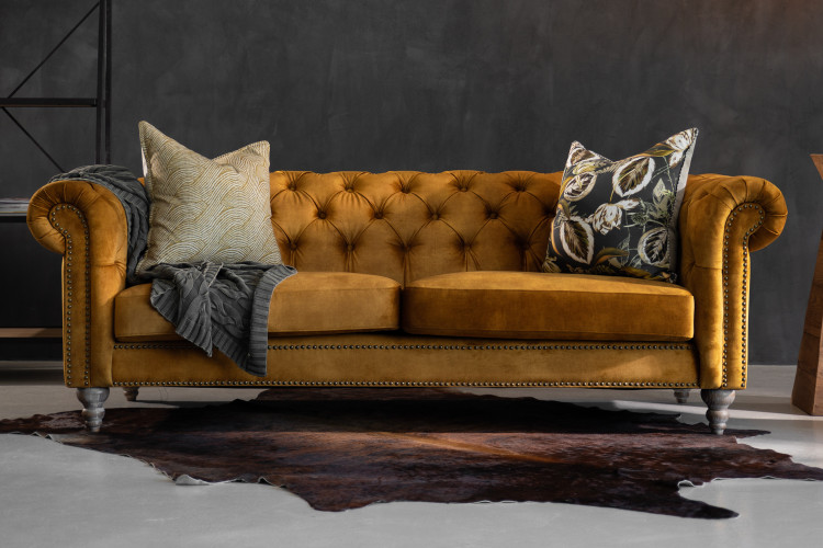 Lannfield Chesterfield Sofa - Textured Velvet Fabric - Mustard Fabric Sofas - 1